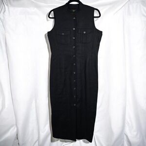 VTG Embassy Row Petites Midi Dress 8P‎ Black Pure Linen Sleeveless Button Front